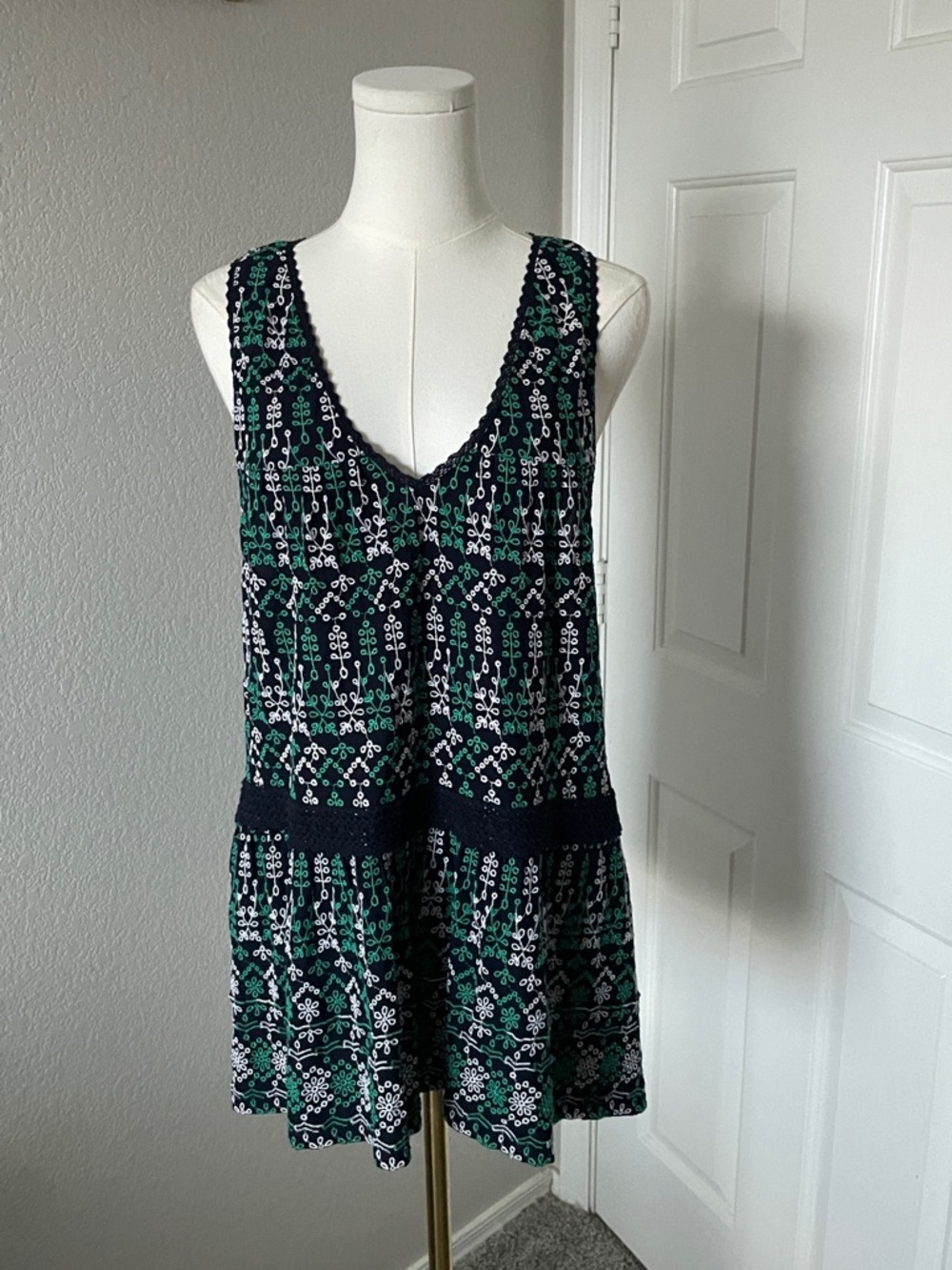Anthropologie Navy Top with Green and White Floral Embroidery - Picture 3 of 5